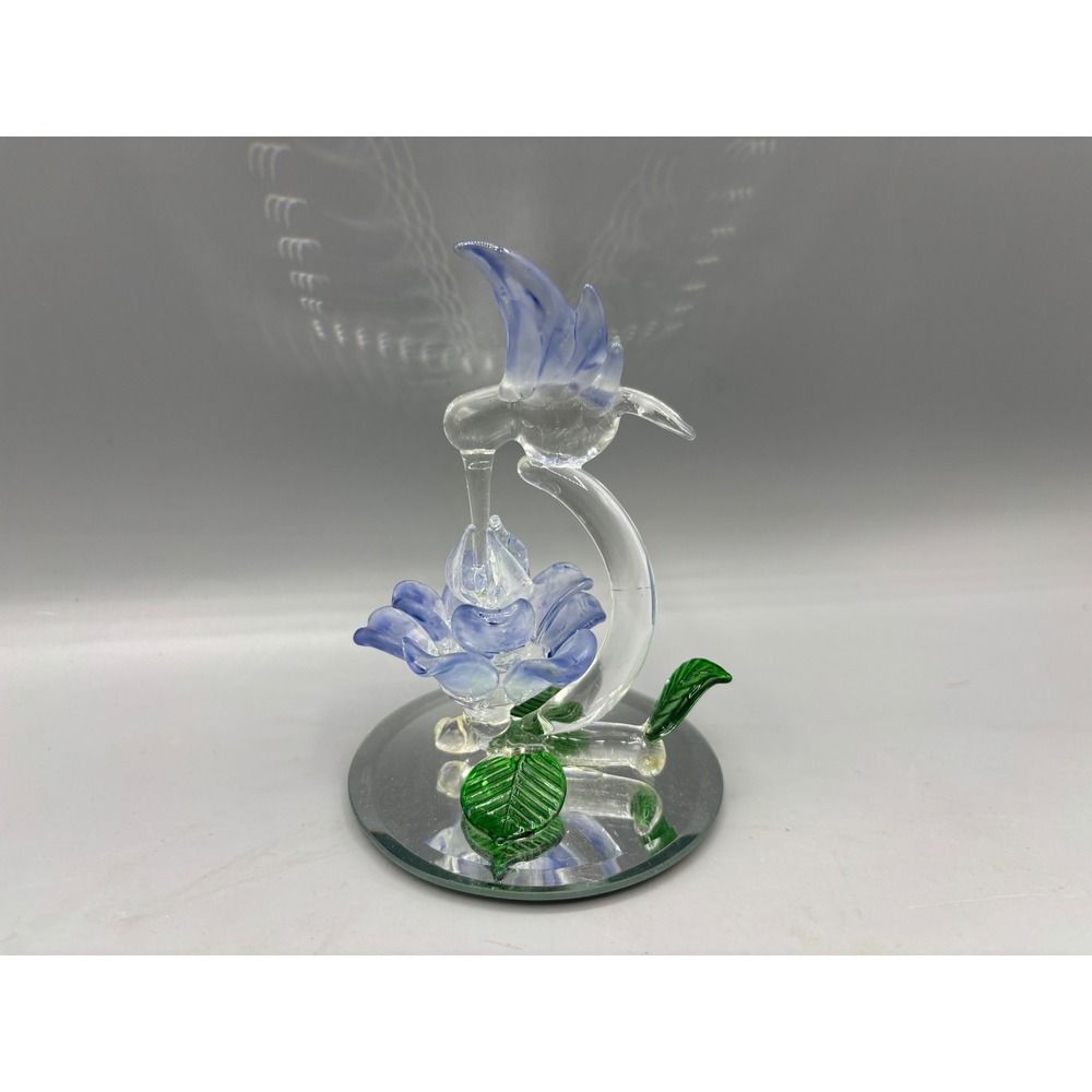 Art Glass Hummingbird on Flower Figurine‎ on Mirrored Base Display Decor